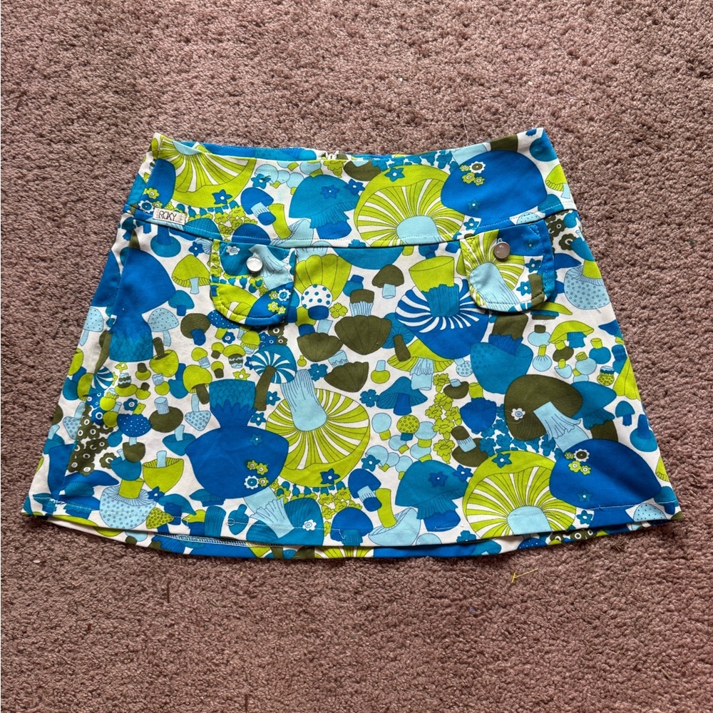 vintage roxy swimsuit skirt medium blue green retro mushroom floral beach